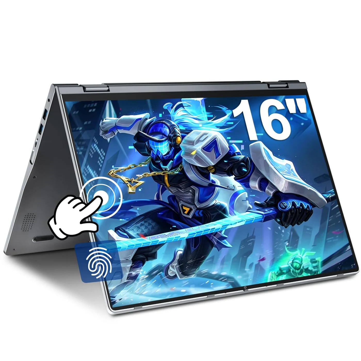 J1 16-inch touch laptop in tent position